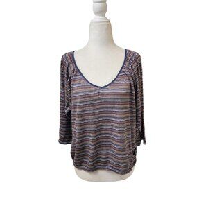 Unionbay 3/4 Sleeve Women's Top Large Vintage 90s Striped Yellow Red Blue V-Neck